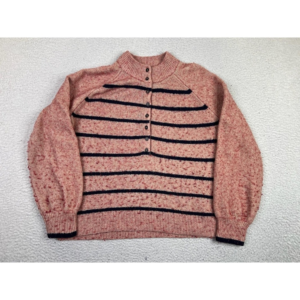 Madewell Sweater Womens Small Pink Striped‎ Mock Neck Henley Raglan Knit NC659